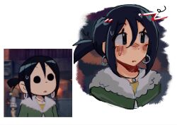 1girl black_eyes black_hair blush reference_sheet earrings fur-trimmed_jacket fur_trim hair_between_eyes highres jacket jewelry knives_chau looking_afar maissroll necklace parted_lips ponytail scott_pilgrim_(series) scott_pilgrim_takes_off shirt short_hair short_ponytail sidelocks sweatdrop white_background yellow_shirt