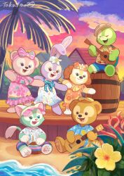 3boys 3girls animal_ears bow cookieann dog dog_ears dog_girl duffy_and_friends duffy_the_disney_bear full_body gelatoni guitar highres holding instrument looking_at_viewer multiple_boys multiple_girls no_humans olu_mel rabbit_ears rabbit_girl shelliemay shirt smile standing stellalou stuffed_animal stuffed_toy takatmaorange turtle_boy