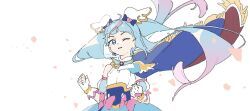 1girl blue_bow blue_eyes blue_hair blue_skirt bow cure_sky detached_sleeves earrings fingerless_gloves floating_clothes floating_hair ginjiro_(ginjiroxx) gloves gradient_hair hair_ornament hands_up highres hirogaru_sky!_precure jewelry long_hair looking_at_viewer magical_girl multicolored_hair one_eye_closed petals pink_bow pink_hair precure puffy_detached_sleeves puffy_sleeves shirt skirt solo sora_harewataru streaked_hair twintails very_long_hair white_background white_gloves white_shirt wind wing_hair_ornament