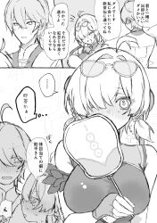 1boy 1girl ahoge bare_shoulders blush breasts china_dress chinese_clothes dress eyewear_on_head greyscale hair_intakes hair_over_one_eye hand_fan highres holding holding_fan izayauzai large_breasts monochrome official_alternate_costume open_mouth short_twintails sleeveless sleeveless_dress sweety_(zenless_zone_zero) translation_request tuanshan twintails wise_(zenless_zone_zero) zenless_zone_zero