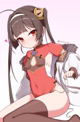 1girl :o absurdres ahoge artist_name azur_lane blush breasts brown_hair brown_thighhighs china_dress chinese_clothes cleavage_cutout clothing_cutout commentary_request covered_navel dress fur-trimmed_jacket fur_trim gradient_background hairpods highres invisible_chair jacket long_hair looking_at_viewer no_shoes open_clothes open_jacket open_mouth ping_hai_(azur_lane) pink_background red_dress red_eyes side_cutout side_slit single_thighhigh sitting slumpa small_breasts solo thighhighs twintails two-tone_background very_long_hair white_background white_jacket