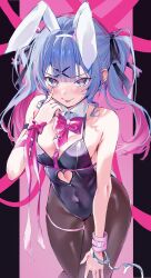 1girl absurdres animal_ears black_leotard black_pantyhose black_ribbon blue_eyes blue_hair blush bow bowtie breasts clothing_cutout cowboy_shot cuffs detached_collar fake_animal_ears fake_tail hair_ornament hair_ribbon handcuffs hatsune_miku heart_cutout highres leotard long_hair medium_breasts multicolored_hair pantyhose pink_bow pink_bowtie pink_hair playboy_bunny rabbit_ears rabbit_hole_(vocaloid) rabbit_tail ribbon smile solo tail tongue tongue_out twintails vocaloid wasemkn x_hair_ornament