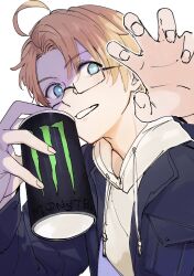 1boy ahoge america_(hetalia) axis_powers_hetalia black-framed_eyewear black_jacket blue_eyes breast_pocket can commentary_request energy_drink fingernails glasses hair_between_eyes hands_up highres holding holding_can hood hoodie jacket lapels long_sleeves looking_at_viewer male_focus monster_energy open_clothes open_jacket orange_hair pocket purple_jacket sama_8_sm semi-rimless_eyewear short_hair simple_background smile solo teeth two-sided_fabric two-sided_jacket upper_body white_background white_hoodie