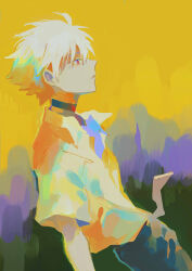 1boy abstract_background absurdres black_choker black_pants choker collared_shirt expressionless from_side highres looking_ahead male_focus medium_hair mogutofuoes nagisa_kaworu neon_genesis_evangelion pants red_eyes shirt simple_background sketch white_hair white_shirt yellow_background