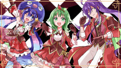 1boy 2girls ahoge alternate_costume anno_voc black_gloves blue_eyes blue_hair blue_hat bow brooch checkered_background coat detached_sleeves fang frilled_skirt frills gloves green_eyes green_hair gumi hair_bow hairband hat hat_ornament high-waist_skirt highres idol_clothes jacket jewelry kamui_gakupo long_coat long_hair looking_at_another looking_at_viewer looking_to_the_side multicolored_hair multiple_girls neck_ribbon one_eye_closed otomachi_una pants pleated_skirt purple_hair reaching reaching_towards_viewer red_coat red_jacket red_skirt ribbon shirt short_hair sidelocks skin_fang skirt star_(symbol) star_hat_ornament suspenders thighhighs twintails very_long_hair vocaloid white_pants white_shirt yellow_hairband