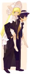1boy 1girl absurdres black_coat black_eyes black_gloves black_hair black_hat black_necktie black_pants blonde_hair blunt_bangs bonnet boots bow brown_boots brown_vest carrying carrying_person closed_mouth coat collared_shirt dress expressionless frilled_bonnet frilled_dress frills gloves gosick green_eyes hat highres hime_cut kneehighs kujou_kazuya kun_liangkun light_smile lolita_fashion long_coat long_hair long_sleeves looking_ahead looking_at_viewer mary_janes necktie open_clothes open_coat pants piggyback shirt shoes short_hair simple_background socks straight_hair two-tone_background vest victorica_de_blois white_background white_bonnet white_bow white_dress white_shirt white_shoes white_socks yellow_background