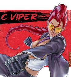 1girl absurdres ai_shou artist_name breasts character_name clenched_hand commentary commission crimson_viper earrings english_commentary green_eyes highres jewelry large_breasts letterboxed long_hair necktie punching purple_necktie red_hair solo street_fighter tinted_eyewear yellow-tinted_eyewear