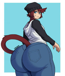 1boy androgynous ass bandage_on_face bandages beanie blue_eyes bunybunyboi denim from_behind hat highres hood hoodie huge_ass jeans looking_at_viewer looking_back monkey_girl monkey_tail original pants red_hair short_hair solo tail