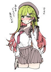 Rule 34 | 1girl, absurdres, bag, bear hair ornament, blush, braid, breasts, brown collar, brown skirt, collar, commentary request, cowboy shot, dot nose, embarrassed, frown, gradient hair, green eyes, green hair, hair ornament, highres, large breasts, long hair, long sleeves, miniskirt, morinaka kazaki, morinaka kazaki (11th costume), morinaka kazaki (adult), multicolored hair, narrow waist, necktie, nijisanji, pink hair, pleated skirt, red necktie, sailor collar, school bag, school uniform, serafuku, shirt, shirt tucked in, shoulder bag, skirt, solo, sweat, sweatdrop, talking, taut clothes, taut shirt, taut skirt, tented shirt, thighs, translation request, tsuukon (tukonn), virtual youtuber, white background, white shirt