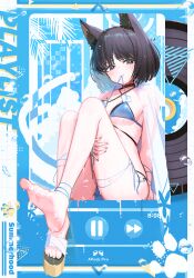 Rule 34 | 1girl, absurdres, animal ears, barefoot, bikini, black eyes, black hair, blue archive, blue bikini, blush, cat ears, cat girl, cat tail, feet, foot focus, haori, highres, japanese clothes, kikyou (blue archive), kikyou (swimsuit) (blue archive), looking at viewer, multiple tails, official alternate costume, parted bangs, patanda, sandals, short hair, single sandal, solo, swimsuit, tail, two tails, wet, white haori
