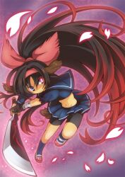 1girl animal_ears bike_shorts black_hair blue_eyes dog_ears dog_tail emil_chronicle_online glowing glowing_eye holding holding_sword holding_weapon long_hair navel ponytail rakisuke school_uniform shoes shugoma_uzuki socks sword tail uwabaki weapon