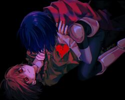 2others armor black_background blue_hair brown_hair commentary deltarune dual_persona english_commentary green_sweater heart highres kris_(dark_world)_(deltarune) kris_(deltarune) multiple_others pixel_heart red_eyes short_hair signature strangling sweater twitter_username yoshino_(q_sci)