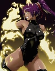 1girl absurdres bare_shoulders black_leotard black_thighhighs bleach bleach:_sennen_kessen-hen breasts collarbone dark-skinned_female dark_skin electricity female_focus hair_ears hair_ornament highres large_breasts leotard long_hair ponytail purple_hair shihouin_yoruichi shiny_skin tail teeth thighhighs vraxtal yellow_eyes