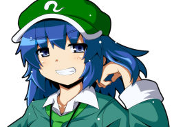1girl blue_eyes blue_hair female_focus grin hat kawashiro_nitori long_hair matching_hair/eyes ryuu_(multitask) smile solo touhou two_side_up