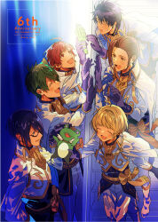 6+boys absurdres ahoge black-framed_eyewear black_hair blonde_hair blush bow brown_eyes brown_hair character_request closed_eyes commentary_request cowboy_shot glasses gloves green_hair grey_eyes highres holding holding_toy idolmaster idolmaster_side-m jacket kashiwagi_tsubasa looking_at_another male_focus mole mole_under_eye multiple_boys nana_tetra open_mouth pants purple_gloves purple_hair purple_shirt red_eyes red_hair sakuraba_kaoru semi-rimless_eyewear shirt short_hair stairs standing sweatdrop tendo_teru toy twitter_username white_jacket white_pants yellow_bow