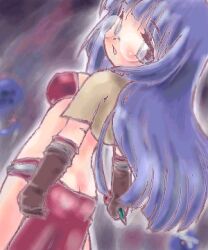 1girl 2000s_(style) ass badbullet bikini bikini_top_only blue_eyes blue_hair blush breasts brown_gloves butt_crack cowboy_shot dutch_angle glasses gloves long_hair looking_at_viewer looking_back lowres mage_(ragnarok_online) medium_breasts midriff oekaki open_mouth ragnarok_online red_bikini red_skirt rimless_eyewear showgirl_skirt skirt solo swimsuit
