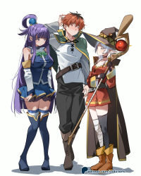 Rule 34 | 1boy, 2girls, aqua (konosuba), aqua (konosuba) (cosplay), bandaged leg, bandages, bare shoulders, belt, black thighhighs, blue skirt, boots, brown cape, brown pants, cape, cosplay, detached sleeves, dress, fern (sousou no frieren), fingerless gloves, frieren, full body, gloves, green cape, hat, holding, holding staff, kono subarashii sekai ni shukufuku wo!, long hair, looking at viewer, megumin, megumin (cosplay), miniskirt, multiple girls, pants, pointy ears, red dress, satou kazuma, satou kazuma (cosplay), short hair, single thighhigh, skirt, skirt tug, sousou no frieren, staff, standing, stark (sousou no frieren), sydus, thigh boots, thighhighs, witch hat
