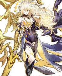 1girl 2357439177z alternate_form asymmetrical_wings black_shirt black_wings blonde_hair breasts clawed_gauntlets commentary_request cracked_skin genderswap genderswap_(mtf) hair_between_eyes halo halo_behind_head highres holding holding_sword holding_weapon honkai:_star_rail honkai_(series) long_hair material_growth medium_breasts phainon_(honkai:_star_rail) shirt simple_background solo_focus sword torn_clothes torn_shirt weapon white_background wings yellow_blood yellow_eyes yellow_halo yellow_wings