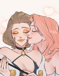 Rule 34 | 2girls, absurdres, basicpinkbb, breasts, brown hair, closed eyes, commentary, cornelia arnim, couple, dress, english commentary, eyeshadow, fire emblem, fire emblem: three houses, from side, green dress, heart, heart background, highres, kiss, kissing cheek, large breasts, long hair, makeup, manuela casagranda, mature female, mole, multiple girls, nintendo, orange eyeshadow, orange lips, pink hair, short hair, smile, yuri
