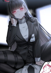 1boy 1girl black_coat black_hair black_halo black_necktie black_skirt blue_archive blurry blurry_background blush breasts bright_pupils cliov coat doodle_sensei_(blue_archive) girl_on_top hair_ornament hairclip halo heavy_breathing highres large_breasts long_hair long_sleeves looking_at_viewer miniskirt necktie pantyhose purple_eyes red_eyes rio_(blue_archive) sensei_(blue_archive) skindentation skirt sweater thigh_strap turtleneck turtleneck_sweater very_long_hair white_pupils white_sweater