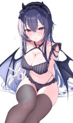 Rule 34 | 1girl, absurdres, black bra, black hair, black panties, blue hair, bra, breasts, chest harness, cleavage, colored inner hair, demon girl, demon horns, demon wings, embarrassed, flying sweatdrops, frilled bra, frilled skirt, frills, gloves, hairband, harness, heart, heart o-ring, highres, horns, ichinose uruha, ichinose uruha (birthday 2023), lingerie, lolita hairband, long hair, lupinus virtual games, medium breasts, meercat dayo, microskirt, multicolored hair, navel, o-ring, o-ring harness, panties, purple eyes, simple background, sitting, skirt, solo, striped bra, striped clothes, thighhighs, underwear, v, vertical-striped bra, vertical-striped clothes, virtual youtuber, vspo!, white background, white gloves, wings