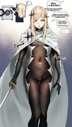 ... 1boy 2025 accidental_exposure accidental_pervert belly blonde_hair blue_eyes blush bodysuit boots bulge cape cloak commentary_request covered_erect_nipples covered_navel embarrassed english_text erection erection_under_clothes expressionless gauntlets gradient_background heart highres holding holding_sword holding_weapon in_(ain) katana knees_together_feet_apart korean_commentary long_hair looking_at_viewer male_focus navel ninja nipples one-punch_man open_mouth pale_skin penis see-through_clothes senkou_no_flash shiny_clothes shiny_skin simple_background skin_tight skinny solo solo_focus sound_effects standing stomach sweat sweatdrop sword testicles thick_thighs thighs tight_clothes transparent trap undersized_clothes wardrobe_error wardrobe_malfunction weapon white_cape wide_hips