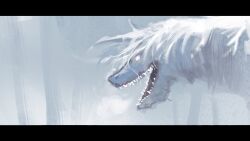 black_border border breath close-up fangs fog glowing glowing_eye highres leaning_forward letterboxed long_hair long_neck monster monster_focus open_mouth original portrait sharp_teeth snout teeth vertigris white_fur white_hair