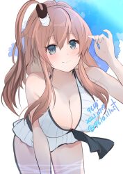 Rule 34 | 1girl, 9610 (kuroto), bikini, bikini skirt, blue eyes, blue sky, blush, breasts, brown hair, cloud, cloudy sky, day, hair between eyes, high side ponytail, highres, kantai collection, large breasts, long hair, looking at viewer, outdoors, ponytail, saratoga (kancolle), saratoga (swimsuit) (kancolle), side ponytail, sky, smile, solo, swimsuit, white bikini