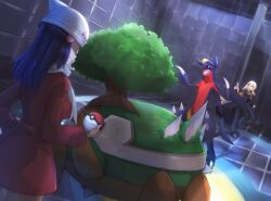 2girls beanie black_coat black_pants blonde_hair blue_hair breasts coat creatures_(company) cynthia_(pokemon) dawn_(pokemon) faceless faceless_female fur-trimmed_coat fur_collar fur_trim game_freak garchomp gen_4_pokemon hair_ornament hair_over_one_eye hat highres holding holding_poke_ball indoors long_coat long_hair medium_breasts multiple_girls nintendo pants pointing poke_ball poke_ball_(basic) pokemon pokemon_(creature) pokemon_battle pokemon_dppt pokemon_platinum rabenga red_coat scarf standing torterra white_headwear white_scarf