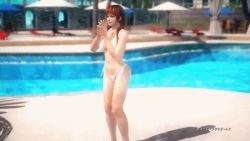 1girl 3d alternate_costume animated animated_gif ass bikini breasts brown_eyes brown_hair cleavage dead_or_alive dead_or_alive_xtreme dead_or_alive_xtreme_3_fortune female_focus hip_focus kasumi_(doa) large_breasts legs long_hair outdoors pool solo swimsuit water