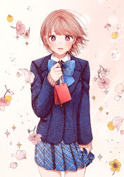 Rule 34 | 1girl, absurdres, arm at side, bag, blazer, blue bow, blue bowtie, blue skirt, bow, bowtie, collared shirt, cowboy shot, crying, crying with eyes open, flower, hand up, highres, holding, holding bag, jacket, long sleeves, looking at viewer, miniskirt, open mouth, original, parted bangs, pen (medium), pink eyes, pink flower, pink hair, plaid clothes, plaid skirt, pleated skirt, pov, purple jacket, raised inner eyebrows, roroichi, school uniform, shirt, short hair, skirt, skirt hold, solo, standing, straight-on, swept bangs, tears, textless version, traditional media, white shirt, wing collar, yellow flower