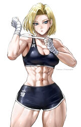 1girl abs android_18 bandaged_hand bandages black_shorts black_sports_bra blonde_hair blue_eyes cowboy_shot dolphin_shorts dragon_ball dragonball_z highres muscular muscular_female navel patreon_username robusta_mania short_hair shorts simple_background solo sports_bra stomach thighs white_background