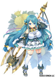 Rule 34 | 1girl, ahoge, aqua hair, axe, black bow, blue eyes, bow, breasts, center frills, detached sleeves, expressionless, flower, flower knight girl, frilled skirt, frills, full body, hair bobbles, hair ornament, holding, holding axe, huge breasts, isogiku (flower knight girl), kurot, layered skirt, legs apart, long hair, looking at viewer, low-tied long hair, low twintails, name connection, object namesake, official art, oppai loli, shoes, simple background, skirt, solo, standing, thigh strap, thighhighs, twintails, white background, white thighhighs, yellow bow