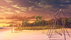 Rule 34 | beach, cloud, cloudy sky, forest, gradient sky, grass, highres, monkey bars, nature, no humans, non-web source, official art, our life: beginnings and always, outdoors, park, playground, scenery, shadow, shore, sky, sunset, swing, tree, variant set, water