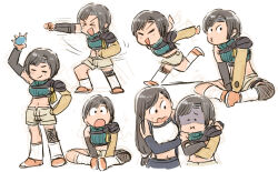 &gt;_&lt; 2girls :d :o airplane_arms armor between_legs black_hair black_skirt black_sleeves brown_hair brown_shorts chibi chibi_only closed_eyes closed_mouth comforting crop_top detached_sleeves excited final_fantasy final_fantasy_vii fishnet_thighhighs fishnets foot_up forehead_protector full_body green_sweater grey_headband hand_between_legs hand_up headband holding indian_style long_hair looking_at_another looking_at_viewer materia midriff motion_lines multiple_girls multiple_views naruto_run nausea navel on_ground open_mouth orange_shoes outstretched_arms pauldrons punching pursed_lips raised_eyebrows ribbed_sweater running shaded_face shirt shoes short_shorts shorts shoulder_armor sick side-by-side simple_background single_bare_shoulder single_pauldron single_sleeve single_thighhigh sitting sketch skirt sleeveless sleeveless_turtleneck smile socks solo_focus spread_arms sweater swept_bangs thighhighs tifa_lockhart tsubobot turtleneck turtleneck_sweater v-shaped_eyebrows v_arms wavy_mouth white_background white_shirt white_socks yuffie_kisaragi