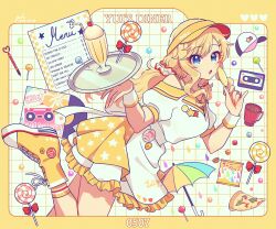 Rule 34 | 1girl, absurdres, album cover, alternate costume, alternate hairstyle, apron, artist name, badge, bare shoulders, baseball cap, birthday, blonde hair, blue eyes, border, bow, breasts, button badge, candy, cassette tape, character name, cherry, coffee, commentary request, container, cover, cup, dated, disposable cup, dot nose, dress, drink, drinking straw, eating, english text, food, foot out of frame, frilled dress, frills, from side, fruit, grk 11601, hair ornament, hair scrunchie, hands up, hat, heart, highres, holding, holding candy, holding food, holding lollipop, holding tray, ice cream, ice cream float, idolmaster, idolmaster cinderella girls, leaning, leaning forward, lollipop, long hair, looking at viewer, looking to the side, low twintails, medium breasts, menu, mug, nail polish, ohtsuki yui, open mouth, orange nails, outside border, parted lips, pen, pizza, red bow, scrunchie, shoes, short sleeves, sidelocks, socks, solo, standing, standing on one leg, tin (container), tongue, tray, twintails, umbrella, vinyl record, visor cap, waitress, wavy hair, white apron, wrist cuffs, yellow border, yellow hat, yellow shoes