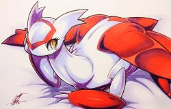 025aki absurdres dated dragon eyelashes gen_3_pokemon hand_on_own_face highres latias legendary_pokemon looking_at_viewer lying nintendo no_humans on_stomach pokemon pokemon_(creature) red_wings signature wings yellow_eyes