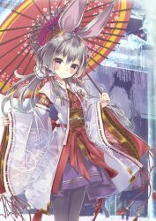 Rule 34 | 1girl, absurdres, animal ears, black pantyhose, blush, closed mouth, grey hair, highres, holding, holding umbrella, ichijiku (vrchat), japanese clothes, kimono, long hair, long sleeves, looking at viewer, miyama leaves, obi, oil-paper umbrella, pantyhose, purple eyes, purple skirt, rabbit ears, red eyes, red umbrella, ribbon, sash, skirt, smile, solo, umbrella, vrchat, wide sleeves