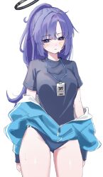 1girl absurdres black_shirt blue_archive blue_buruma blue_jacket blush breasts buruma cowboy_shot facepaint groin halo highres jacket jacket_partially_removed lanyard long_hair looking_at_viewer medium_breasts muo_(vewe5888) official_alternate_costume ponytail purple_hair shirt simple_background solo star_(symbol) sweat t-shirt thighs track_jacket very_long_hair white_background yuuka_(blue_archive) yuuka_(track)_(blue_archive)
