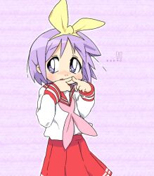 Rule 34 | !, !!, 1girl, blue eyes, blush, cacctus32, hiiragi tsukasa, index fingers together, lucky star, neckerchief, pink background, pink neckerchief, pleated skirt, purple hair, red sailor collar, red skirt, red sleeve cuffs, ribbon, ryouou school uniform, sailor collar, sailor shirt, school uniform, shirt, short hair, shy, skirt, tareme, white shirt, yellow ribbon