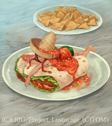 1girl bare_arms bare_legs barefoot character_request chips_(food) copyright_name copyright_notice dqn_(dqnww) food green_eyes green_one-piece_swimsuit hat in_food long_hair looking_at_viewer lostorage_wixoss lying mini_person minigirl official_art on_stomach one-piece_swimsuit one_eye_covered outstretched_arm parted_lips plate red_hair sauce solo sombrero swimsuit taco wixoss