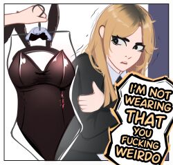 1girl 1other absurdres animal_ears black_eyes black_sweater blonde_hair clothes_hanger collar disgust embarrassed english_text highres holding holding_clothes_hanger holding_unworn_clothes jessie_(veyonis) leotard long_hair messy_hair nervous original playboy_bunny rabbit_ears speech_bubble sweater swimsuit_hanger unworn_leotard veyonis white_collar