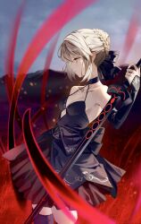 1girl absurdres ahoge artoria_pendragon_(fate) bare_shoulders black_choker black_dress black_ribbon black_thighhighs blonde_hair braid breasts bun_with_braided_base choker closed_mouth collarbone cutout_above_navel detached_sleeves dress excalibur_morgan_(fate) fate/stay_night fate_(series) gothic_lolita hair_ribbon heaven&#039;s_feel highres holding holding_sword holding_weapon lace lace-trimmed_thighhighs lace_trim layered_dress lolita_fashion maririri111 outdoors ribbon saber_alter short_dress short_hair sidelocks small_breasts solo sword thighhighs weapon yellow_eyes