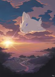 Rule 34 | aquabluu, city, closed mouth, cloud, commentary, english commentary, flying, gen 4 pokemon, highres, nintendo, no humans, pokemon, pokemon (creature), pokemon focus, sky, smile, solo, sun, sunset, togekiss, water