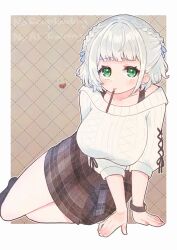 1girl amari_(ama_shiiiiiiba) arm_support black_socks black_tank_top blue_ribbon blunt_bangs blush braid breasts brown_background brown_skirt choppy_bangs commentary_request contrapposto cross-laced_clothes cross-laced_sleeves food food_in_mouth green_eyes grey_hair hair_ribbon half_up_braid half_updo heart highres hololive large_breasts medium_hair miniskirt mouth_hold no_shoes off-shoulder_sweater off_shoulder official_alternate_costume official_alternate_hairstyle parted_hair plaid_clothes plaid_skirt pocky pocky_in_mouth ribbed_sweater ribbon shirogane_noel shirogane_noel_(casual) skirt socks solo sweater tank_top three-quarter_sleeves virtual_youtuber watch watermark white_sweater wristwatch