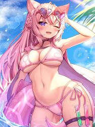 1girl absurdres animal_ear_fluff animal_ears armpits beaker_holster bikini blue_sky blush braid breasts cloud commentary_request cowboy_shot day deaver eyewear_on_head fang gluteal_fold hakui_koyori heart heart-shaped_eyewear hexagon_hair_ornament highres hololive holster lab_coat large_breasts lens_flare long_hair looking_at_viewer multi-strapped_bikini navel one_eye_closed open_mouth outdoors pink_hair side-tie_bikini_bottom skindentation sky smile solo stomach sunglasses sunlight swimsuit tail test_tube thigh_holster thighs underboob virtual_youtuber water water_drop wet wolf_ears wolf_tail