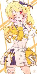 Rule 34 | 1girl, absurdres, ahoge, blonde hair, blush, breasts, cropped jacket, fortissimo, hair ornament, highres, hololive, idol, long hair, looking at viewer, makeup, midriff, musical note, musical note hair ornament, nail polish, navel, one eye closed, ootori karen, open mouth, otonose kanade, red eyes, regloss (hololive), side ponytail, signature, skirt, small breasts, smile, solo, tongue, tongue out, virtual youtuber, white skirt