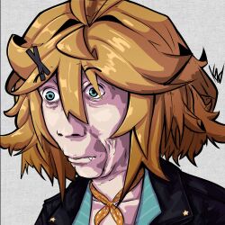 Rule 34 | 1girl, antenna hair, bandana, bandana around neck, blonde hair, blue eyes, closed mouth, commentary, dokibird (vtuber), dokibird (vtuber) (retro doki), english commentary, fang, grey background, hair between eyes, hair intakes, highres, indie virtual youtuber, meme, official alternate costume, portrait, rejection reaction (meme), short hair, simple background, solo, surprised, th3k1d, virtual youtuber