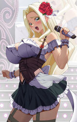 1girl absurdres akihiro0920 black_skirt blonde_hair blush breasts brown_corset commentary_request corset flower garter_straps hair_flower hair_ornament highres holding holding_microphone idol kimi_no_koto_ga_dai_dai_dai_dai_daisuki_na_100-nin_no_kanojo large_breasts long_hair looking_at_viewer microphone navel off-shoulder_shirt off_shoulder open_mouth shirt skirt solo suspenders thighhighs utsukushisugi_mimimi white_shirt wrist_cuffs yellow_eyes