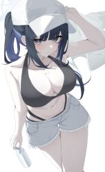 1girl absurdres baseball_cap bikini black_bikini black_hair blue_archive blue_eyes blue_hair blue_halo blue_shorts bottle breasts cleavage collarbone colored_inner_hair commentary cutoff_jeans cutoffs denim denim_shorts halo hat highres holding holding_bottle k_cyp large_breasts long_hair looking_at_viewer multicolored_hair navel saori_(blue_archive) short_shorts shorts simple_background solo stomach swimsuit two-tone_hair white_background white_hat